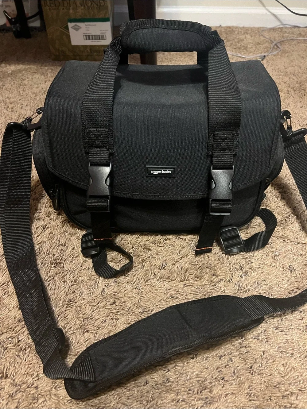 Nikon 35 MM  with flash & lens. Black Camera Bag with Bright Orange  Interior.